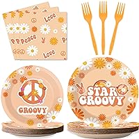 Tevxj 96PCS Groovy Tableware Set 60's Hippie Dinnerware Disposable Plates Two Groovy Retro Themed Party Plates Napkins Forks for Spring Daisy Flower Boho Birthday Party Decorations Supplies 24 guests