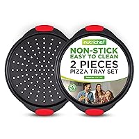 NutriChef 2-Piece 13-Inch Nonstick Pizza Tray, Round Carbon Steel Non-Stick Pizza Baking Pan with Perforated Holes, Premium Bakeware Pizza Screen with Silicone Grip Handles, Dishwasher Safe, NCBPIZX2