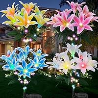 Ouddy Decor 4 Pack Solar Garden Lights Outdoor Decorative, Solar Flowers Lights with 28 Bigger Lily Flower 4 Color LED Solar Powered Waterproof for Yard Pathway Decor Mothers Day Gardening Gifts