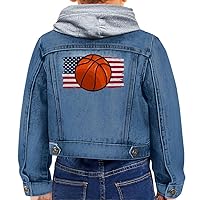 Patriotic Basketball Toddler Hooded Denim Jacket - Cool Jean Jacket - Graphic Denim Jacket for Kids