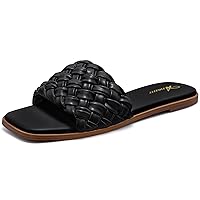 Athlefit Women's Square Open Toe Sandals Summer Casual Braided Strap Flat Slip On Slides Slippers