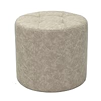 Factory Direct Partners Tufted Round Accent Ottoman; Distressed Faux Leather, Hand Upholstered Commercial-Grade Furniture for Home or Office; Seating, Footstool, Side Table Use - Almond, 14045-320