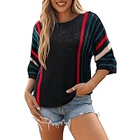 Dokotoo Womens 2024 Cute Spring Summer Color Block Striped Lightweight Comfy Cable Knit Beach Boho Clothes Pullover Sweaters