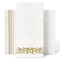 JOLLY CHEF 100 Disposable Hand Towels, Soft and Absorbent Linen Feel Dinner Napkin, Elegant Decorative Paper Guest Towels for Kitchen, Bathroom,Weddings,Parties, Gold and White