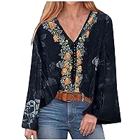 Women's Velvet Shirts Dressy Casual V Neck Long Sleeve Tops 2024 Fashion Ethnic Style Print Pullover Blouses Tunic Tees S-5XL