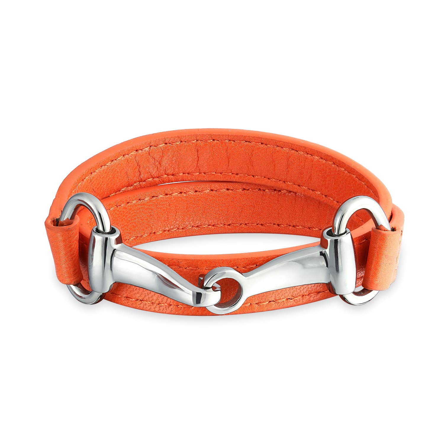 Bling Jewelry Fashion Red White Orange Black Brown Genuine Leather Equestrian Snaffle Horse Bit Layer Stacking Style Double Wrap Bracelet for Women Teen Silver Gold Tone Stainless Steel