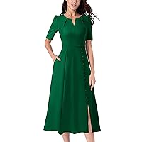 VFSHOW Women Pleated Neck Pockets Buttons Work Office Business A-Line Midi Dress