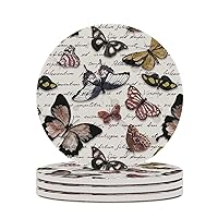 Retro Butterfly Ceramic Coaster with Cork Bottom Absorbent Drink Coasters for Kinds of Cups Round 4 Inches 4PCS