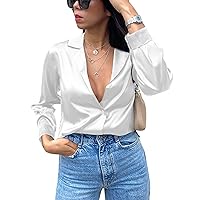 Chigant Women's Short Sleeve Satin Blouse Button Down Tops Casual Office Work Shirt S-XXL