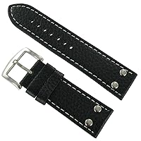 26mm MW Black Silver Stud Padded White Contrast Stitched Mens Watch Band Long