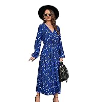 Exclusive Women Maxi Long Dress Blue V-Neck Sexy Split Long Sleeve Leopard Printed Boho Dress