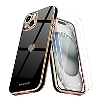 Teageo for iPhone 15 Plus Case with Screen Protector [2 Pack] Girl Women Cute Girly Love-Heart Luxury Gold Soft Cover Camera Protection Bumper Silicone Shockproof Phone Case iPhone 15 Plus, Black