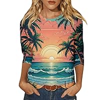 Women's Summer 3/4 Sleeve Top 2024 Fashion Trendy Shirt Round Neck Hawaiian Gradient Print Blouse 2024