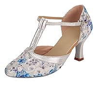 T Strap Heels For Women Embroidery Bridal Dressy Closed Toe Buckle Tribal Shoes