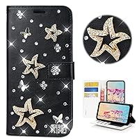 STENES Bling Wallet Phone Case Compatible with Samsung Galaxy A32 5G Case - Stylish - 3D Handmade Star Butterfly Design Leather Cover with Screen Protector & Neck Strap Lanyard - Black