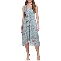 Tommy Hilfiger Women's Sleeveless Midi Faux Wrap Chiffon, BL/EUCLPTS