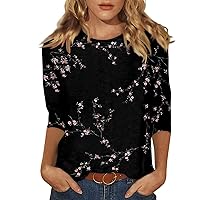 Womens Tops Summer 3/4 Sleeve Casual Floral Print Tops Trendy Crew Neck T-Shirt 2024 Chic Light-Colored Blouse for Women