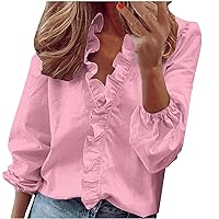 Overstock Deals Ruffle V Neck Blouses for Women Dressy Casual 3/4 Sleeve Tops Classy Plain Shirts Office Work Tshirt for Ladies Shirts for Women Trendy