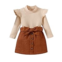 Toddler Baby Girl Fall Winter Outfit Ribbed Long Sleeve Shirt Sweater Button Skirt 2PCS Cute Skirt Set