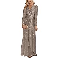 meilun Long Sleeve Sequin Dress for Women Formal Gowns Sparkly V Neck Maxi Dress