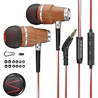 Symphonized NRG 3.0 Earbuds with Microphone Wired, Wooden Headphones for Laptop & Phone, 90% Noise Cancelling Corded Earphones with 3.5mm Jack (Red)