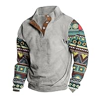 Men Ethnic Style Sweatshirt Vintage Print Sport Shirts Stand Collar Button Pullover Tops Aztec Long Sleeve Pullovers