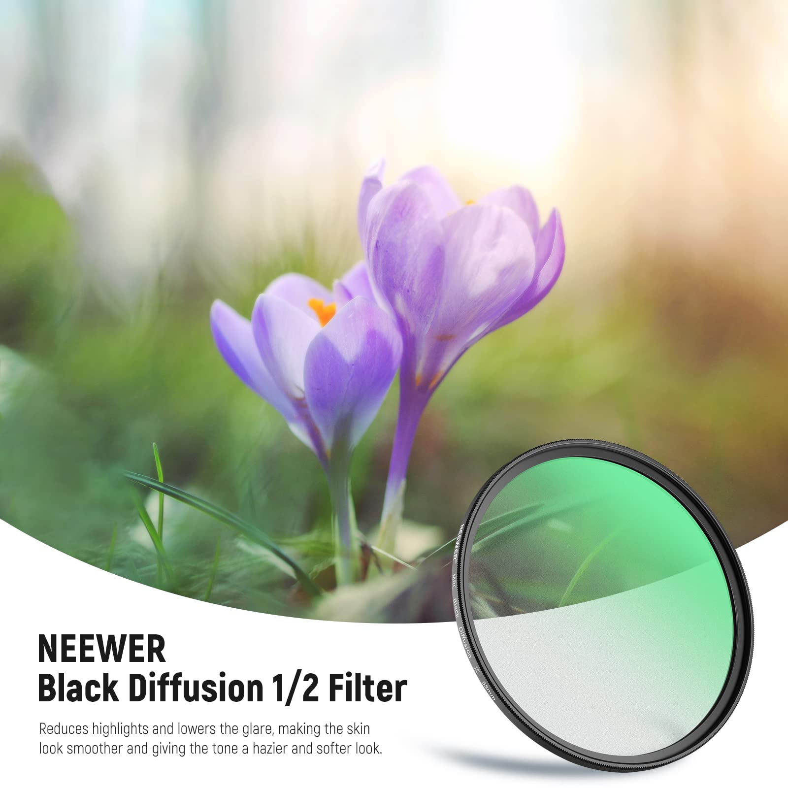 NEEWER 58mm Black Diffusion 1/2 Filter Mist Dreamy Cinematic Effect Filter Ultra Slim Water Repellent Scratch Resistant HD Optical Glass, 30 Layers Nano Coatings for Video/Vlog/Portrait Photography