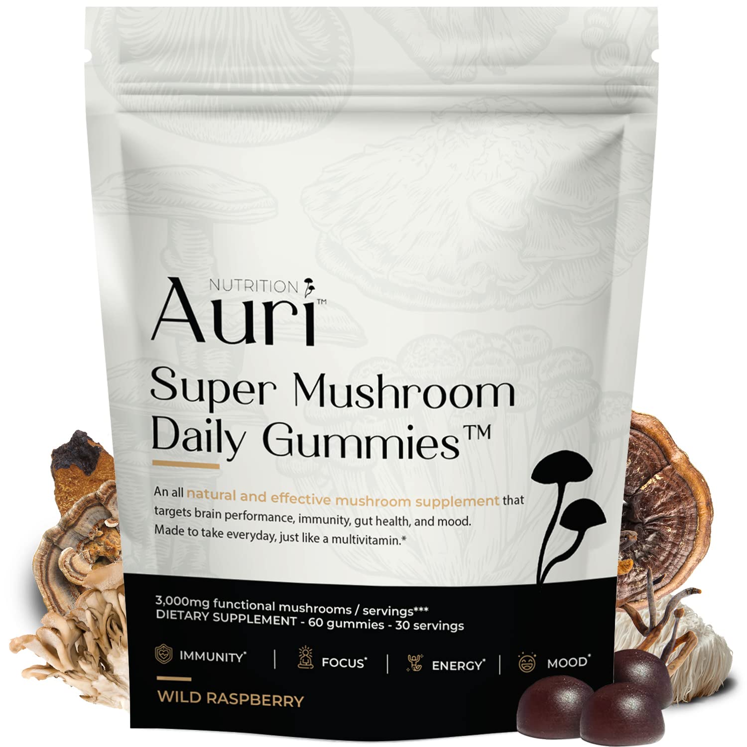 Auri Super Mushroom Daily Gummies - World's First Daily Mushroom Supplement Gummy - 12 Mushroom Blend with Chaga, Lions Mane, Reishi, Cordyceps - Boost Your Immunity, Focus, Energy, Mood - 60 Gummies