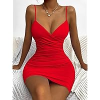 Women's Dress Dresses for Women Ruched Bodycon Cami Dress (Color : Red, Size : Small)