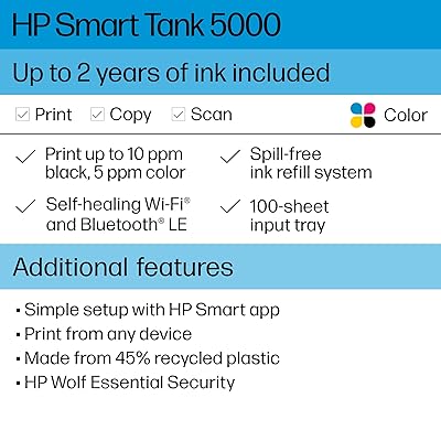 HP Smart-Tank 5000 Wireless All-in-One Ink-Tank Printer with up to 2 years  of ink included, mobile print, scan, copy, white, 17.11 x 14.23 x 6.19 :  Office Products 