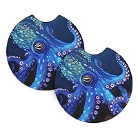 Blue Octopus Print Car Cup Holder Coaster 2 Pcs Car Coasters with A Finger Notch Absorbent Rubber Car Coffee Cup Pad Universal Auto Anti Slip Car Cup Mat 2.7