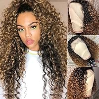 Hair Kinky Curly 4T/27 HD Transparent 13x6 Lace Frontal Human Hair Wig Honey Blonde Lace Front Deep Wave Wig Brown Curly Wig 180 Density 20 Inch