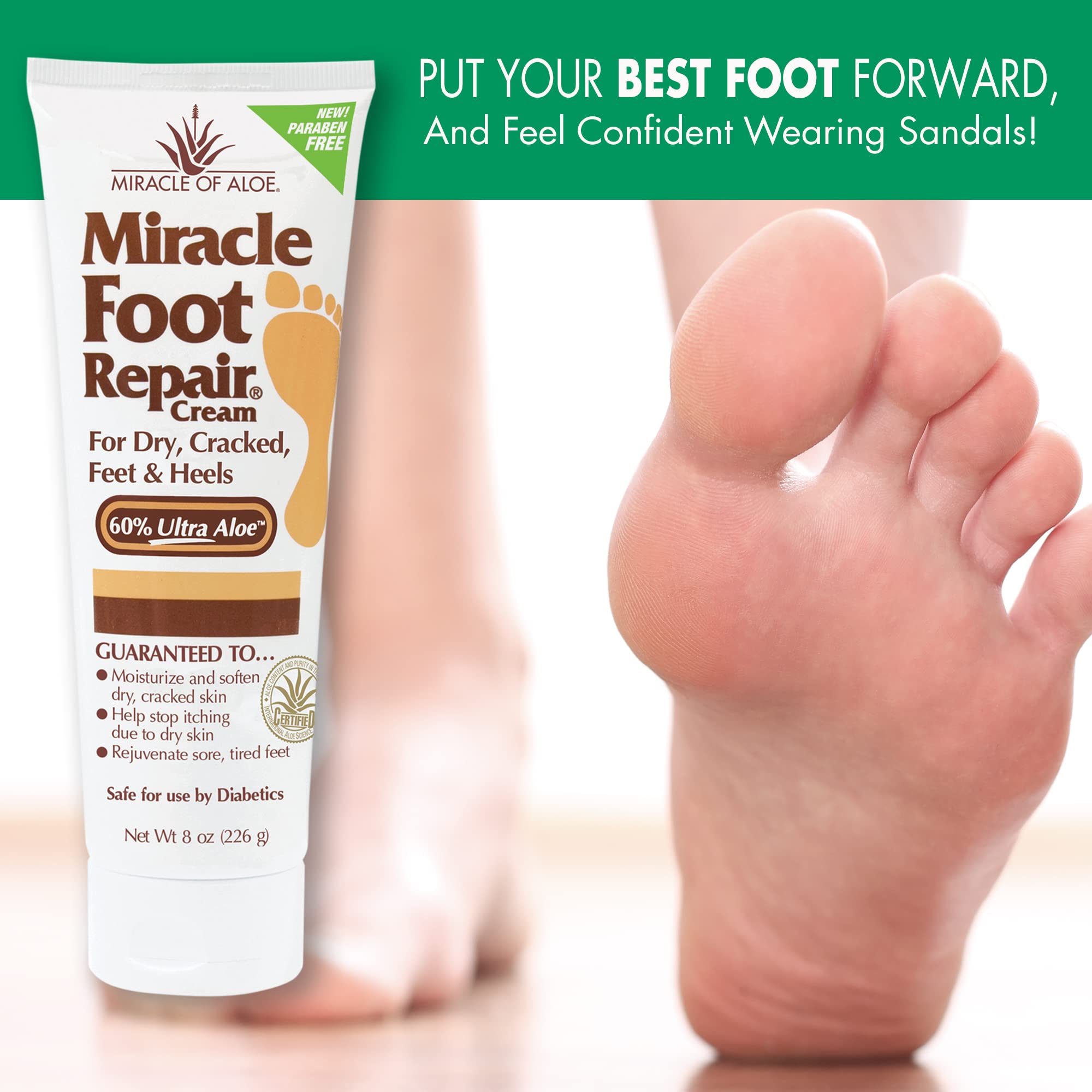 Miracle Foot Repair Cream, 8 oz Repairs Dry Cracked Heels and Feet, Diabetic-Safe, 60% Pure Ultra Aloe Moisturizes, Softens, and Repairs, Relief for Athlete's Foot and Ingrown Toenails