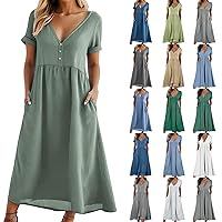Women's Solid Color Spring/Summer Short Sleeved Cotton Dress Linen Waist Casual Dress Swing Midi Dresses with Pockets