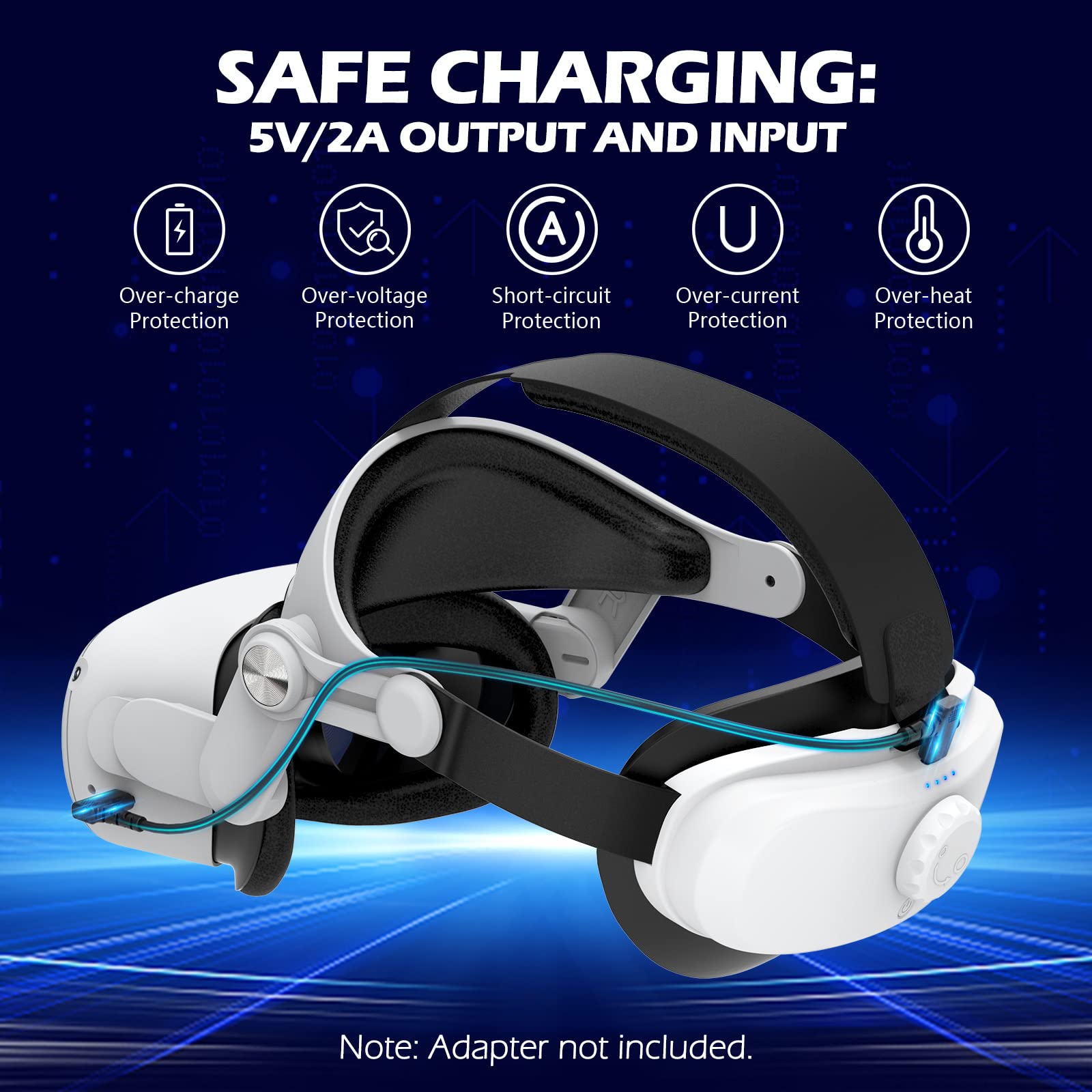 Battery Head Strap for Quest 2 - YOGES 5000mAh Rechargable Adjustable Headstrap to Extend Playtime and Comfort for VR Headset, Super Soft Foam and Skin-Friendly PU Quest 2 Accessories, White