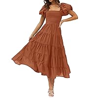 ZESICA Women's 2024 Summer Square Neck Short Puff Sleeve Solid Color High Waist Casual Smocked Flowy A Line Tiered Midi Dress