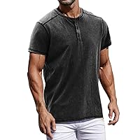 Mens Distressed Henley Shirts Casual Washed T-Shirts Retro Short Sleeve Tee Cotton Shirts