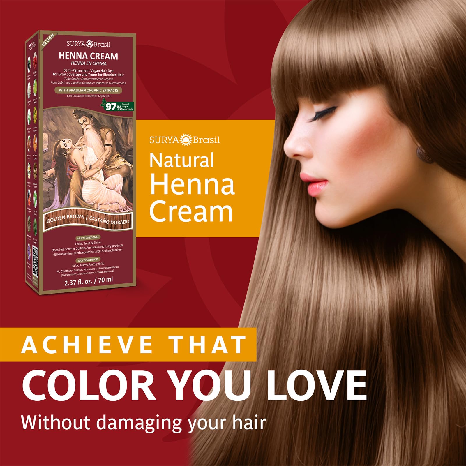 Surya Brasil - Henna Cream, Hair Color Treatment, Semi Permanent Hair Color for Gray Hair Coverage, Natural Henna Hair Color, Deep Conditioning Hair Dye, Golden Brown, 2.37 oz / 70 ml