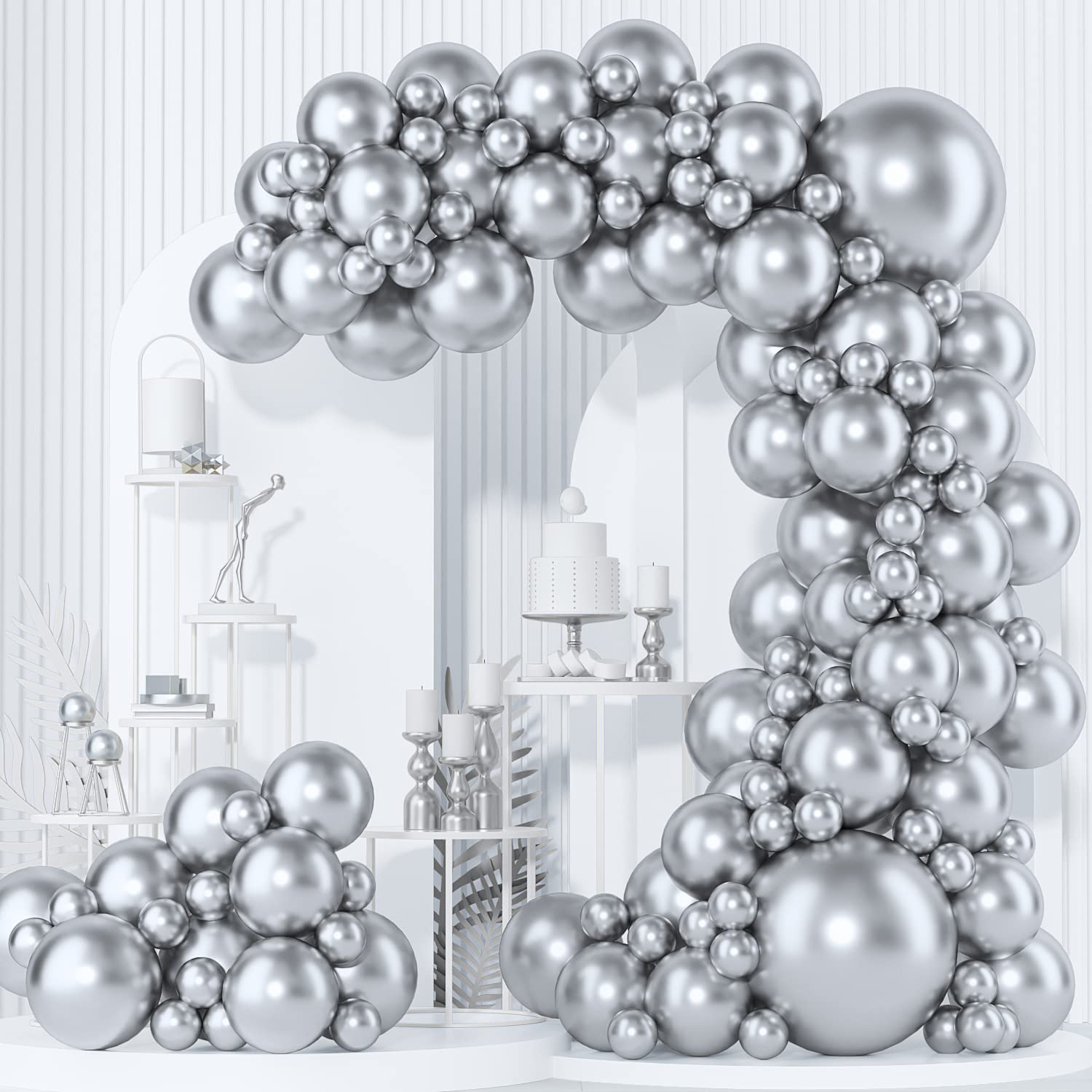 HUICYHFR Silver Metallic Chrome Latex Balloon Arch Kit, 102PCS 18In 12In 10In 5In Arch Garland For Engagement, Wedding, Birthday Party, Anniversary Celebration Decoration With 33FT Ribbon