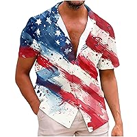 Mens Hawaiian Shirt 4th of July Short Sleeve Button Down Shirts Tropical Summer Beach Casual USA Flag Aloha Shirts