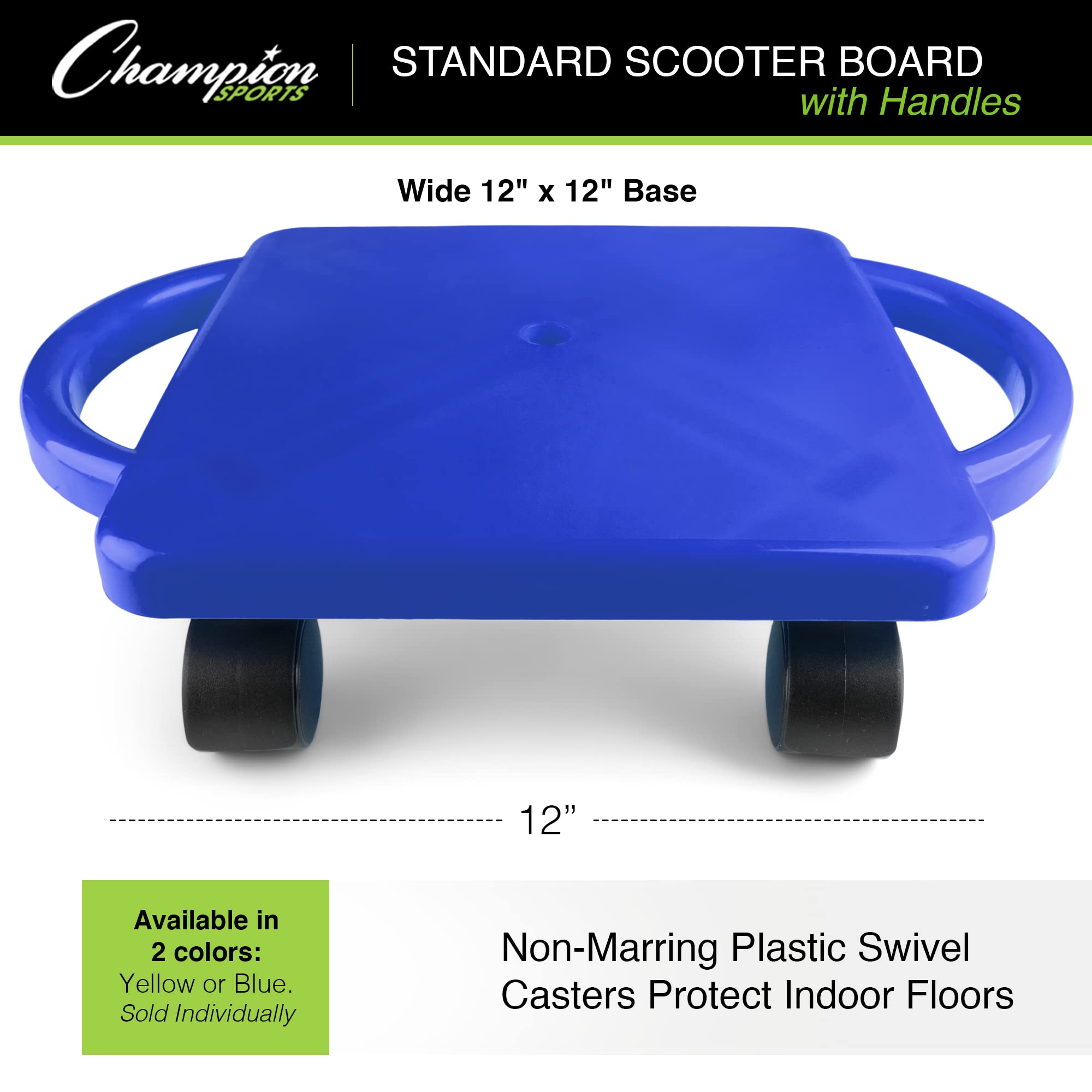 Champion Sports Standard Scooter Board with Handles, Assorted Colors (Yellow or Blue), 12 Inches