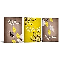 iKNOW FOTO 3 Pieces Minimalist Bathroom Wall Art Set - Relax, Renew, Refresh - Brown & Yellow Plant Prints - 12x12 Inches Each - Home & Office Decor (Yellow)