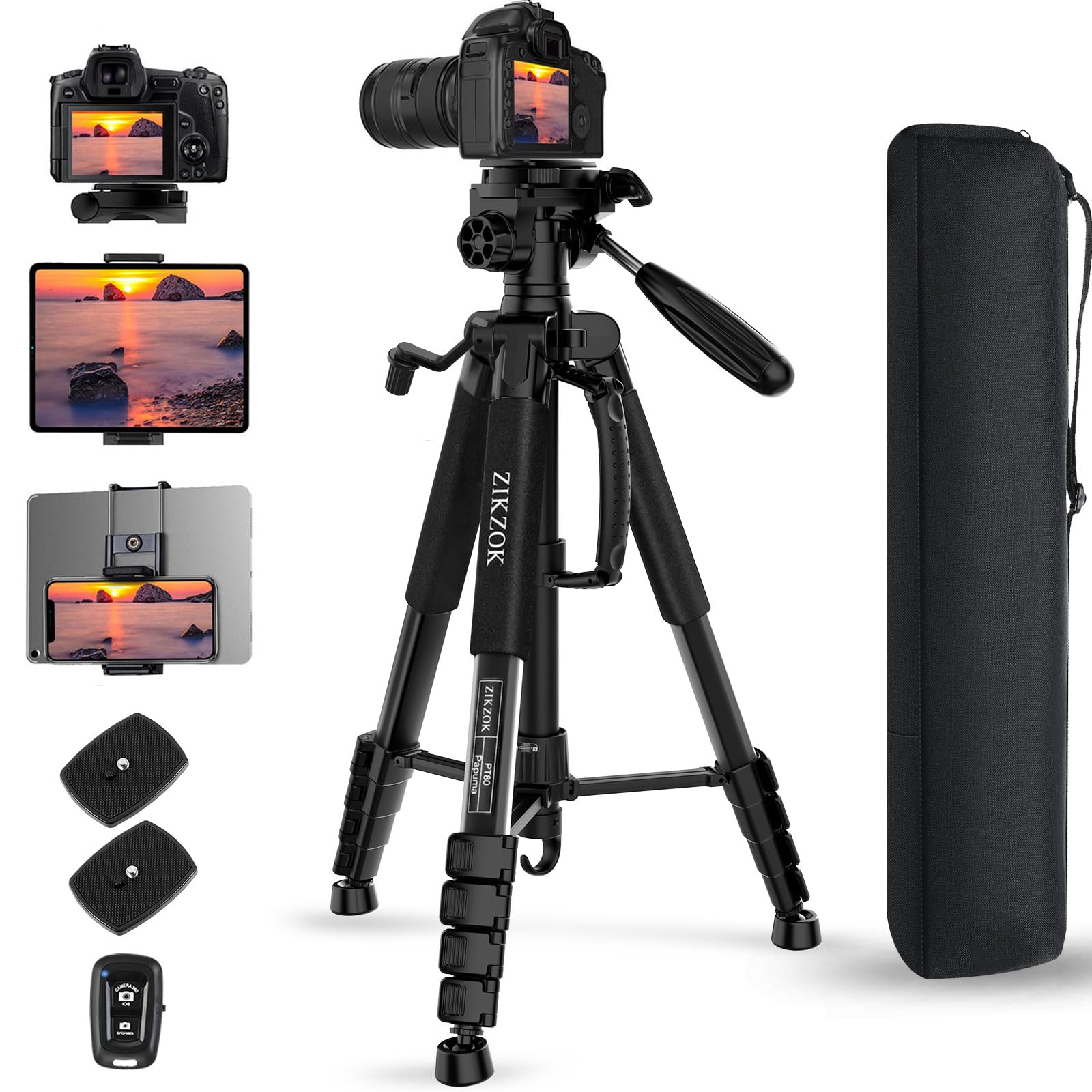 ZIKZOK 75 Inch Camera Tripod, Lightweight Travel Aluminum Cell Phone Video Tripod for DSLR/SLR/DV/GoPro/iPhone with Bag (Weight 2.8Lbs/Load 11Lbs)