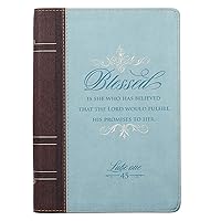 Classic Faux Leather Journal Blessed Is She Luke 1:45 Bible Verse Blue Inspirational Notebook, Lined Pages w/Scripture, Ribbon Marker, Zipper Closure