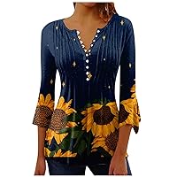 Womens Blouses and Tops Dressy Bell Three Quarter Sleeve Button Front Printed Stylish V-Neck Casual Tops for Women
