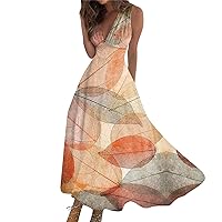 Women's Spring Dresses 2024 Long Casual Dress Summer Sleeveless V-Neck Waist Retraction Printed Dress, S-3XL