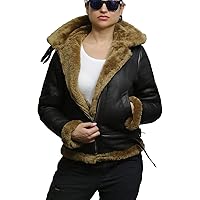 Women's Genuine Sheepskin Leather Flying Aviator Winter Jacket With Hood (Brown, XXL)