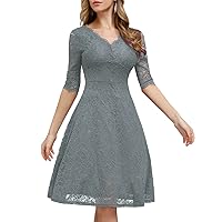 Women's Wedding Guest Dresses lace midi Dress with Sleeves Cocktail Tea Length Evening Dresses Grey 2XL
