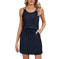 Dresses for Women Eyelet Openwork Drawstring Beach Cover Ups Tie Up Sleeveless Spaghetti Strap Cami Tops with Pockets