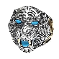 Two Tone 925 Sterling Silver Tiger Head Ring Jewelry with Stones for Men Boys Open and Adjustable